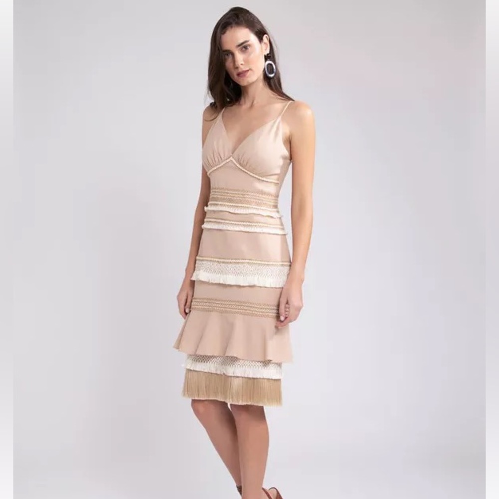 PatBO Fringe Trim Ruffle Linen Mini knee length Dress sand size 36 US 4 new